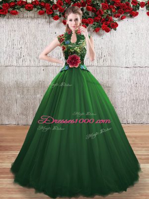 Sleeveless Floor Length Hand Made Flower Lace Up Sweet 16 Dress with Green