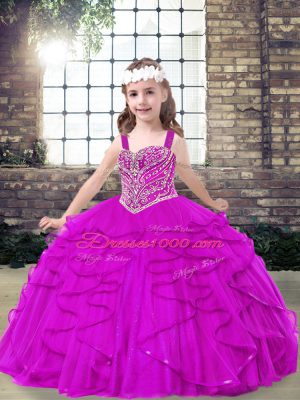 Straps Sleeveless Party Dress for Toddlers Floor Length Beading and Ruffles Fuchsia Tulle