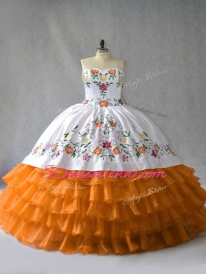Affordable Sweetheart Sleeveless Organza Ball Gown Prom Dress Embroidery and Ruffled Layers Lace Up