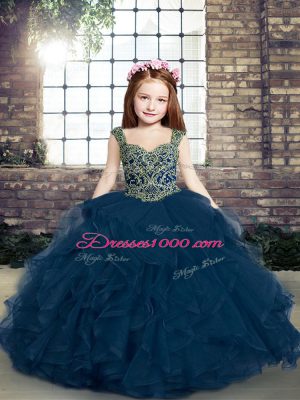 Nice Ball Gowns Girls Pageant Dresses Blue Straps Tulle Sleeveless Lace Up