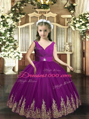Popular Eggplant Purple Backless V-neck Embroidery Child Pageant Dress Tulle Sleeveless