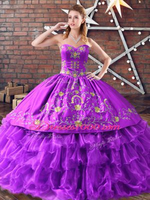 Glamorous Purple Satin and Organza Lace Up Sweetheart Sleeveless Floor Length Quinceanera Gown Embroidery and Ruffled Layers