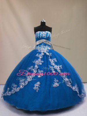 Blue Strapless Lace Up Appliques Sweet 16 Dresses Sleeveless