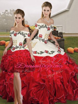 White And Red Lace Up Off The Shoulder Embroidery and Ruffles Quinceanera Gown Organza Sleeveless