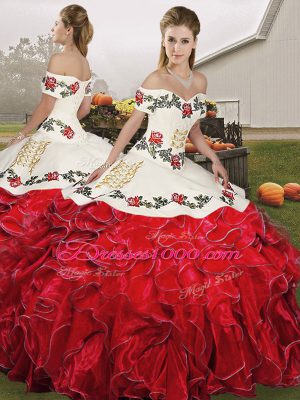 White And Red Lace Up Off The Shoulder Embroidery and Ruffles Quinceanera Gown Organza Sleeveless