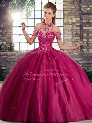 Glittering Fuchsia Ball Gowns Beading Sweet 16 Dress Lace Up Tulle Sleeveless