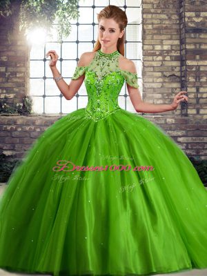 Artistic Green Ball Gowns Tulle Halter Top Sleeveless Beading Lace Up Quinceanera Dress Brush Train