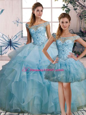 Romantic Off The Shoulder Sleeveless Quinceanera Dresses Floor Length Beading and Ruffles Light Blue Organza