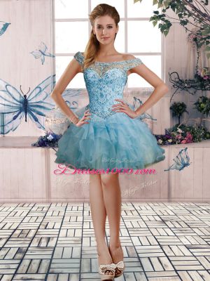 Romantic Off The Shoulder Sleeveless Quinceanera Dresses Floor Length Beading and Ruffles Light Blue Organza