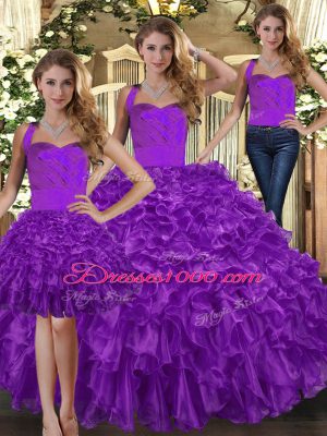 Sumptuous Purple Organza Lace Up 15 Quinceanera Dress Sleeveless Floor Length Ruffles