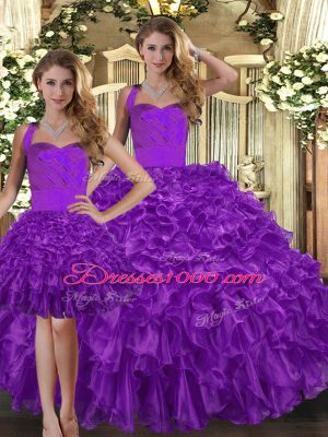 Sumptuous Purple Organza Lace Up 15 Quinceanera Dress Sleeveless Floor Length Ruffles