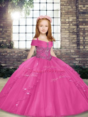 Pretty Straps Sleeveless Little Girls Pageant Dress Wholesale Floor Length Beading Hot Pink Tulle
