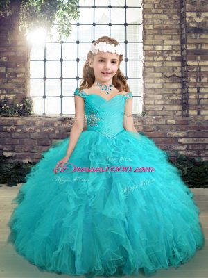 Aqua Blue Straps Neckline Beading and Ruffles Little Girls Pageant Gowns Sleeveless Lace Up