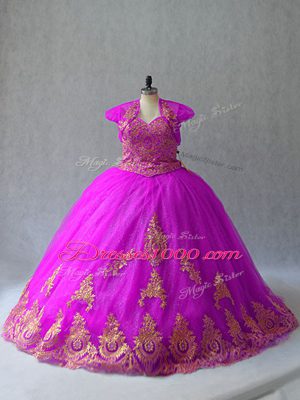 Fuchsia Sleeveless Court Train Beading and Appliques Sweet 16 Quinceanera Dress