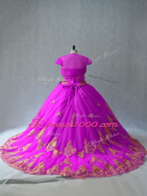 Fuchsia Sleeveless Court Train Beading and Appliques Sweet 16 Quinceanera Dress