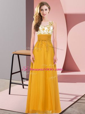 Suitable Floor Length Gold Quinceanera Dama Dress Chiffon Sleeveless Appliques