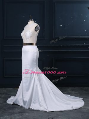 Exceptional White Zipper Wedding Gown Appliques and Sashes ribbons Sleeveless Brush Train