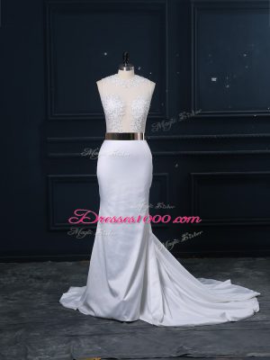 Exceptional White Zipper Wedding Gown Appliques and Sashes ribbons Sleeveless Brush Train