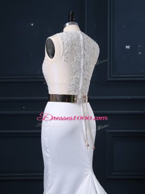 Exceptional White Zipper Wedding Gown Appliques and Sashes ribbons Sleeveless Brush Train