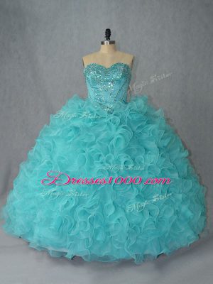 Hot Sale Aqua Blue Ball Gowns Sweetheart Sleeveless Organza Lace Up Beading and Ruffles Sweet 16 Quinceanera Dress