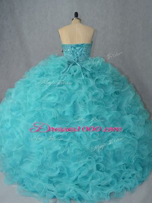 Hot Sale Aqua Blue Ball Gowns Sweetheart Sleeveless Organza Lace Up Beading and Ruffles Sweet 16 Quinceanera Dress