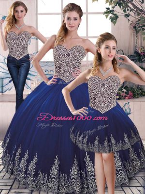 Fantastic Sweetheart Sleeveless Ball Gown Prom Dress Floor Length Embroidery Royal Blue Tulle