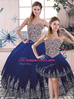 Fantastic Sweetheart Sleeveless Ball Gown Prom Dress Floor Length Embroidery Royal Blue Tulle