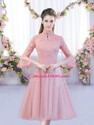 Admirable High-neck 3 4 Length Sleeve Zipper Bridesmaid Gown Pink Tulle