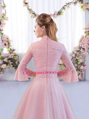 Admirable High-neck 3 4 Length Sleeve Zipper Bridesmaid Gown Pink Tulle