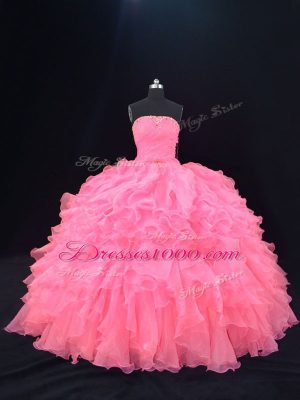 Romantic Strapless Sleeveless Lace Up Quinceanera Gown Pink Organza