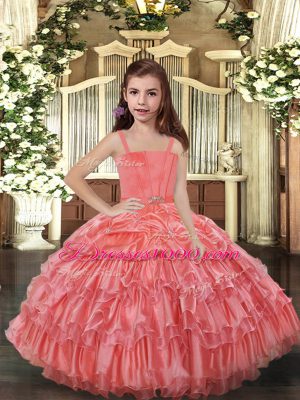 Ruffled Layers Child Pageant Dress Watermelon Red Lace Up Sleeveless Floor Length
