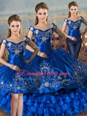 Chic Royal Blue Three Pieces Off The Shoulder Sleeveless Satin and Organza Floor Length Lace Up Embroidery and Ruffled Layers Ball Gown Prom Dress