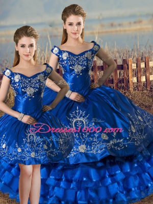 Chic Royal Blue Three Pieces Off The Shoulder Sleeveless Satin and Organza Floor Length Lace Up Embroidery and Ruffled Layers Ball Gown Prom Dress