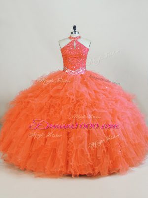 Fantastic Orange Ball Gowns Beading and Ruffles Quinceanera Gown Lace Up Tulle Sleeveless Floor Length