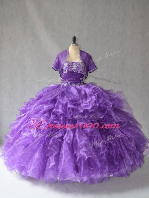 Sumptuous Purple Ball Gowns Taffeta Strapless Sleeveless Beading and Ruffles Floor Length Lace Up Quince Ball Gowns