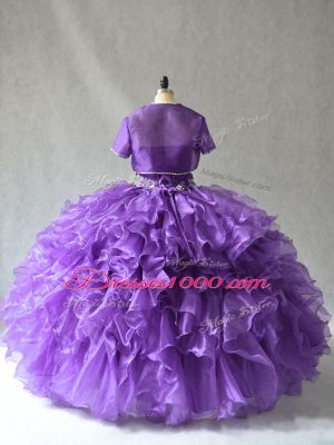 Sumptuous Purple Ball Gowns Taffeta Strapless Sleeveless Beading and Ruffles Floor Length Lace Up Quince Ball Gowns