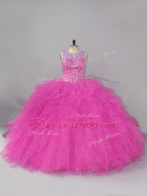 Fuchsia Lace Up Scoop Beading and Ruffles Quinceanera Gowns Lace Sleeveless