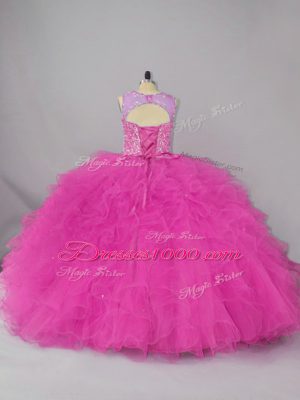 Fuchsia Lace Up Scoop Beading and Ruffles Quinceanera Gowns Lace Sleeveless