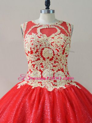 Simple Red Sleeveless Beading Floor Length Vestidos de Quinceanera