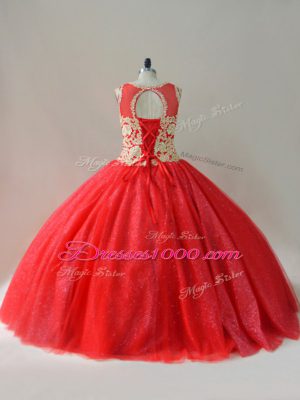 Simple Red Sleeveless Beading Floor Length Vestidos de Quinceanera