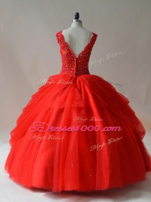 Fitting Red Tulle Zipper V-neck Sleeveless Floor Length Quinceanera Dress Beading