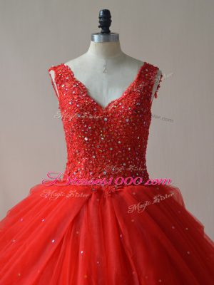 Fitting Red Tulle Zipper V-neck Sleeveless Floor Length Quinceanera Dress Beading