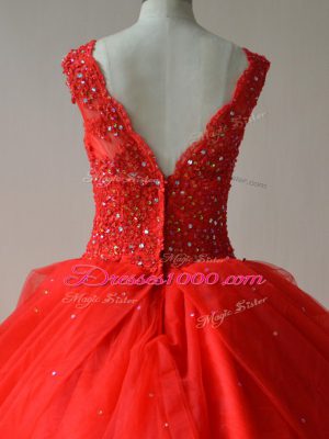 Fitting Red Tulle Zipper V-neck Sleeveless Floor Length Quinceanera Dress Beading