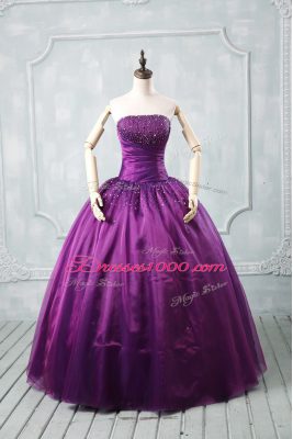 Beautiful Purple Sleeveless Floor Length Beading Lace Up Ball Gown Prom Dress