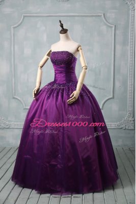 Beautiful Purple Sleeveless Floor Length Beading Lace Up Ball Gown Prom Dress