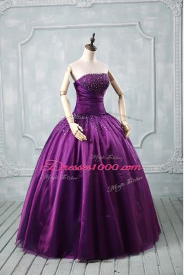 Beautiful Purple Sleeveless Floor Length Beading Lace Up Ball Gown Prom Dress