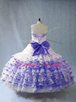 Most Popular Lavender Organza Lace Up Sweetheart Sleeveless Floor Length Quinceanera Dress Embroidery and Ruffled Layers