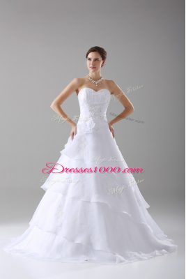 White Sweetheart Lace Up Beading and Ruffled Layers and Hand Made Flower Wedding Gowns Brush Train Sleeveless
