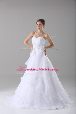 White Sweetheart Lace Up Beading and Ruffled Layers and Hand Made Flower Wedding Gowns Brush Train Sleeveless