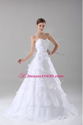 White Sweetheart Lace Up Beading and Ruffled Layers and Hand Made Flower Wedding Gowns Brush Train Sleeveless
